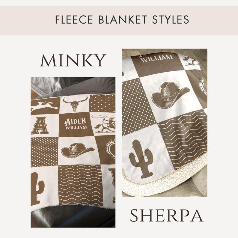 May include: A fleece blanket featuring a grid pattern with brown and white squares. The design includes illustrations of a cowboy hat, a cactus, a bull skull, a horse with a rider, and the text "Aiden William" and "William" in a western font.