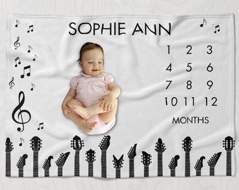 Guitar Milestone Blanket, Black and White Musical Notes Baby Month Blanket, Musically Inspired Baby Gift, Minimalist Guitar Nursery Decor