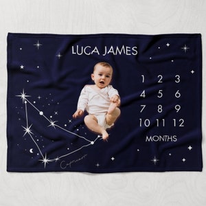 Manta con hitos de constelación del zodíaco, manta del mes celestial para bebé, regalo personalizado para baby shower estelar, accesorio de fotografía astral