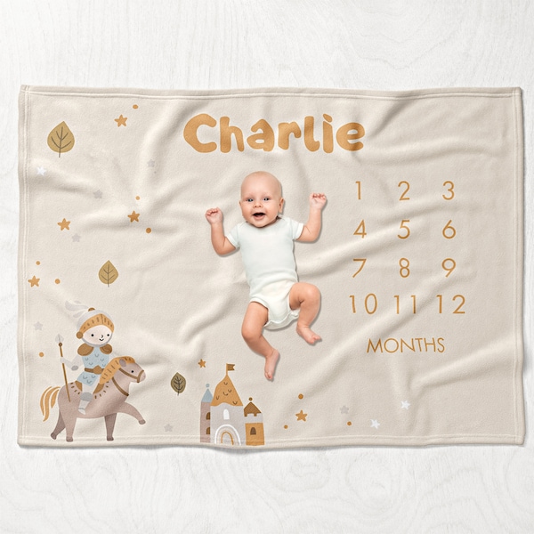 Prince Knight Milestone Blanket Boy, Buttery Soft Beige Baby Month Blanket, Baby Shower Gift, Magical Fairytale Castle Theme Nursery