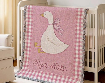 Goose Baby Blanket Girl with Name Gingham Pink Cotton Woven Fringe Blanket Farm Nursery Bedding Storybook Baby Blanket