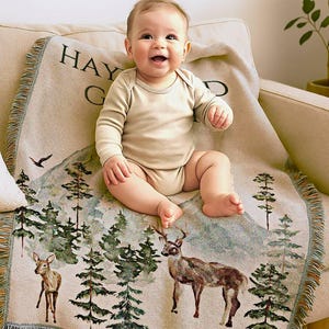 Woodland Baby Blanket Personalized Deer Boys Blanket Wildlife Name Blanket Hunting Cotton Woven Quilt Forest Heirloom Baby Gift