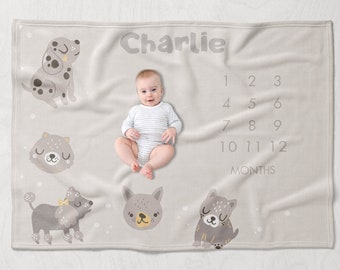 Puppies Milestone Blanket, Furry Friends Themed Growth Tracker, Personalized Dog Pup Baby Shower Gift, Dog Lover Baby Month Blanket