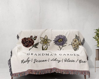 Personalized Grandma's Garden Blanket, Birth Flower Gift From Grandkids, Vintage Floral Woven Jacquard Cotton Tapestry, Keepsake Blanket