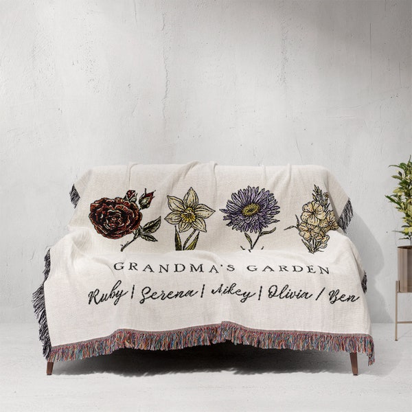 Personalized Grandma's Garden Blanket, Birth Flower Gift From Grandkids, Vintage Floral Woven Jacquard Cotton Tapestry, Keepsake Blanket