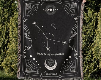 Cancer Constellation Tapestry Blanket with Name and Quote, Black Minimalist Zodiac Woven Throw, Personalized Cancer Astrology Cozy Gift