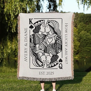 Couverture tissée d'anniversaire en coton, roi et reine, couverture de cartes de poker personnalisée pour couple, carte à jouer rétro tendance pour jeunes mariés, cadeau douillet
