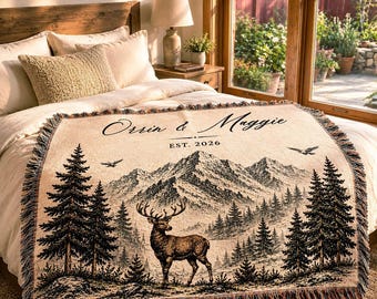 Coperta personalizzata per matrimonio in montagna, coperta tessuta su misura, regalo di anniversario, coperta rustica per coppia, regalo di nozze ispirato alla natura
