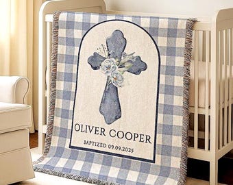 Taufe Baby Decke Geschenk Junge Kreuz personalisierte Taufgeschenk Patenkind Taufe Andenken - Baumwolle gewebt oder Fleece Decke