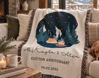 Couverture pour couple en plein air, amoureux de la nature, cadeau de fiançailles, anniversaire de couple, monogramme personnalisé, aventure, tapisserie en coton tissé