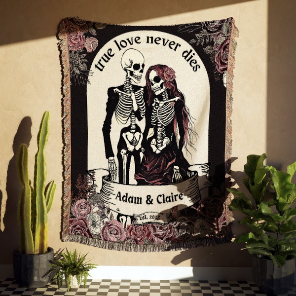 Goth Skeleton Couple Tapestry Blanket, True Love Never Dies, Cotton Anniversary Gift, Dark Purple Vintage Roses Woven Throw, Engagement Gift