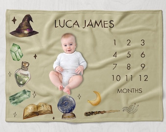 Witches Brew Milestone Blanket, Wizard Baby Month Blanket, Personalized Baby Shower Gift, Beige Occult Crystals Spell Baby Gift
