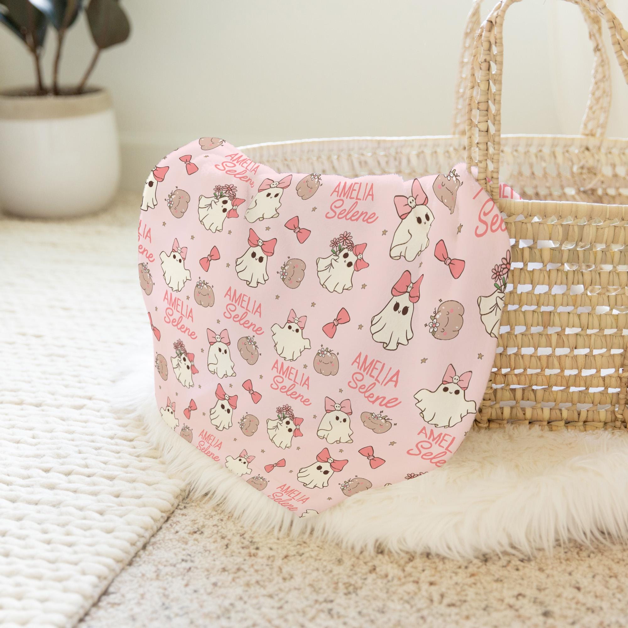 Pink Halloween Swaddle With Name Personalized Soft & Stretchy Swaddle and Hat Spooky Coquette Baby Blanket Halloween Crib Blanket Ghost Girl