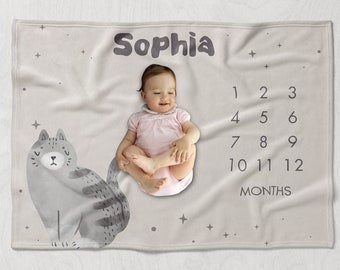 Kitten Milestone Blanket, Cute Cat Inspired Growth Tracker, Personalized Cat Themed Baby Shower Gift, Cat Lover Baby Month Blanket