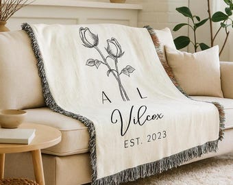 Cotton Anniversary Tapestry Blanket Personalized Flower & Last Name Couple Blanket Engagement Blanket with Initials Romantic