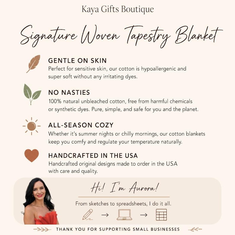 May include: An informational graphic for Kaya Gifts Boutique Signature Woven Tapestry Blanket. It lists features including gentle on skin, no nasties, all-season cozy, and handcrafted in the USA. It includes a photo of Aurora and icons.