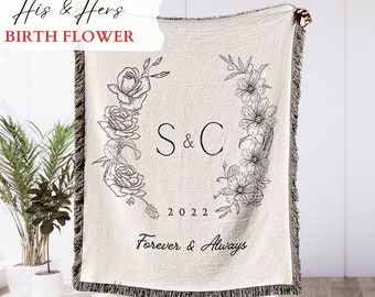 His and Hers Birth Month Flower Tapestry Blanket, Cotton Anniversary Gift, Couple Dual-sided Birth Flower Wreath Cotton Throw Blanket