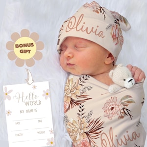 Emmailloter, bonnet et bandeau floral bohème pour bébé fille - cadeau en prime CARTE DE FAMILLE POUR LE NOM - tenue personnalisée pour nouveau-né bébé fille Coming Home