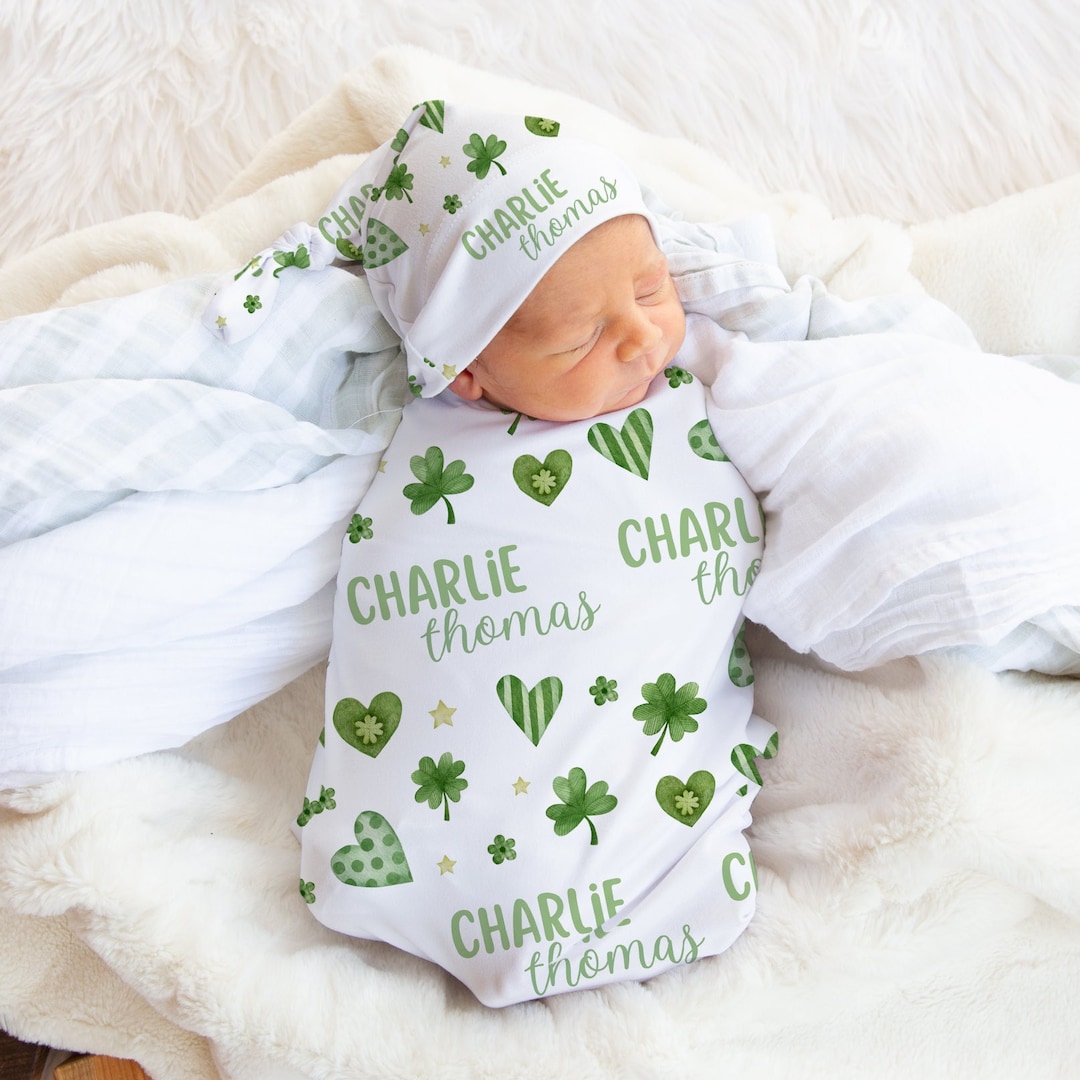 Lucky Clover Swaddle With Name, St Patrick Soft & Stretchy Swaddle Set