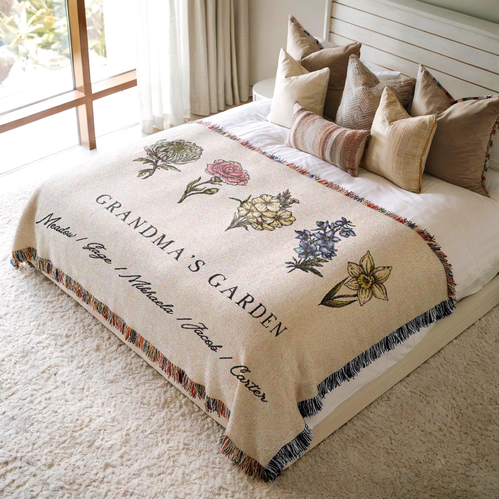 Personalized Grandma's Garden Blanket, Birth Flower Gift From Grandkids, Vintage Floral Woven Jacquard Cotton Tapestry, Keepsake Blanket