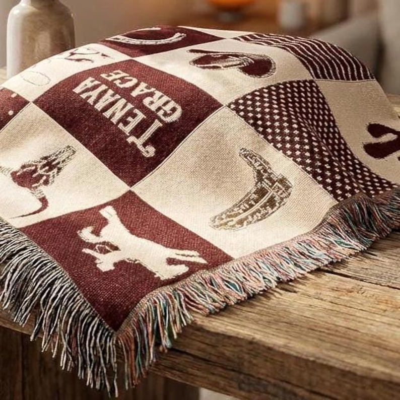 Western Baby Blanket with Name Cowboy Patchwork Woven Quilt Ranch Blanket Boy Western Nursery Crib Blanket Monogram Fringe Throw Longhorne image 2