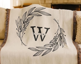 Last Name Monogram Woven Blanket Personalized Wedding Blanket Classic Engagement Gift For Couple Cotton Anniversary Cozy Keepsake