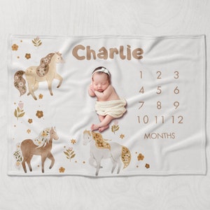 Magical Horse Milestone Blanket, Whimsical Wildflower Horse Baby Month Blanket, Personalized Baby Shower Gift, Equestrian Baby Girl Blanket