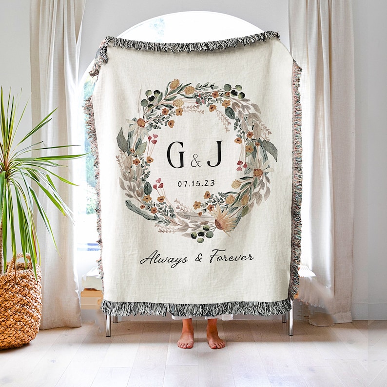 Cotton Anniversary Gift, Personalized His & Hers Initial Blanket, Engagement Gift For Couple, Wild Flowers Wreath Wedding Jacquard Blanket image 2