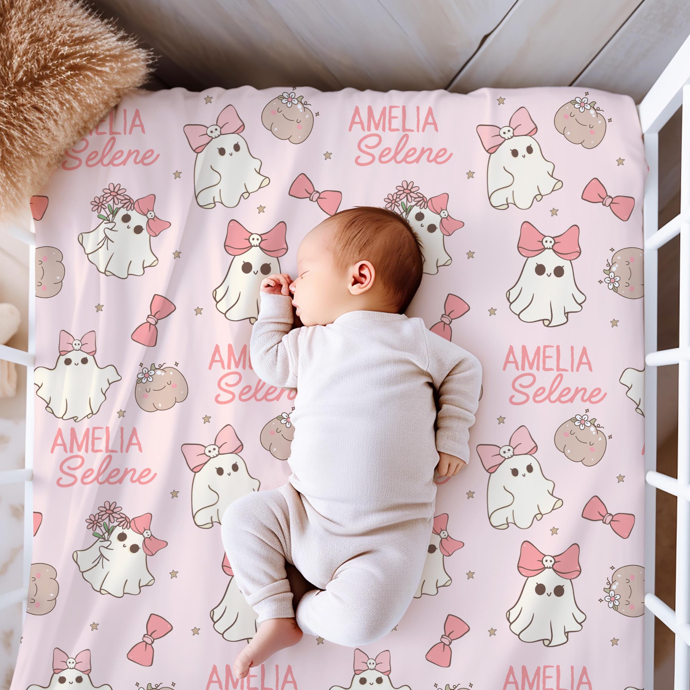 Pink Halloween Swaddle With Name Personalized Soft & Stretchy Swaddle and Hat Spooky Coquette Baby Blanket Halloween Crib Blanket Ghost Girl