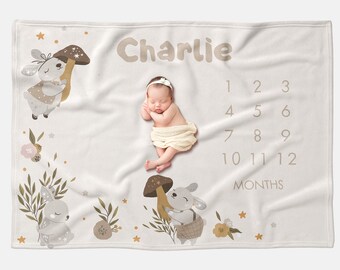 Bunny Milestone Blanket, Buttery Soft Baby Month Blanket, Whimsical Woodland Blanket, Adorable Rabbit Mushroom Themed Month Tracker Blanket