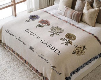 Personalized Grandma's Garden Blanket, Birth Flower Gift From Grandkids, Vintage Floral Woven Jacquard Cotton Tapestry, Keepsake Blanket