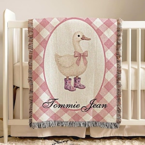 Goose Baby Blanket Girl with Name Gingham Pink Cotton Woven Fringe Blanket Farm Nursery Bedding Storybook Baby Blanket