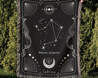 Libra Constellation Tapestry Blanket with Name and Quote, Black Minimalist Zodiac Woven Throw, Personalized Libra Astrology Cozy Gift