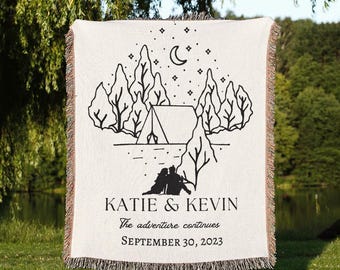 Outdoorsy Couple Wedding Gift Camping Couple's Name 100% Cotton Tapestry Blanket Gift For Nature Lovers Personalized Mountain Blanket