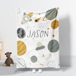 Space Blanket For Kids, Baby Boy Space Minky Blanket, Personalized Rocket Boy Blanket, Space Themed Nursery, Spaceship Planets Boy Blanket