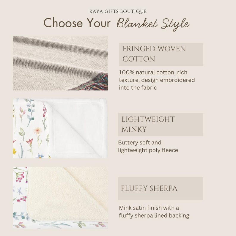 May include: KAYA GIFTS BOUTIQUE Choose Your Blanket Style. Three options: Fringed Woven Cotton with 100% natural cotton and embroidered design; Lightweight Minky with soft poly fleece; Fluffy Sherpa with mink satin finish and sherpa backing.