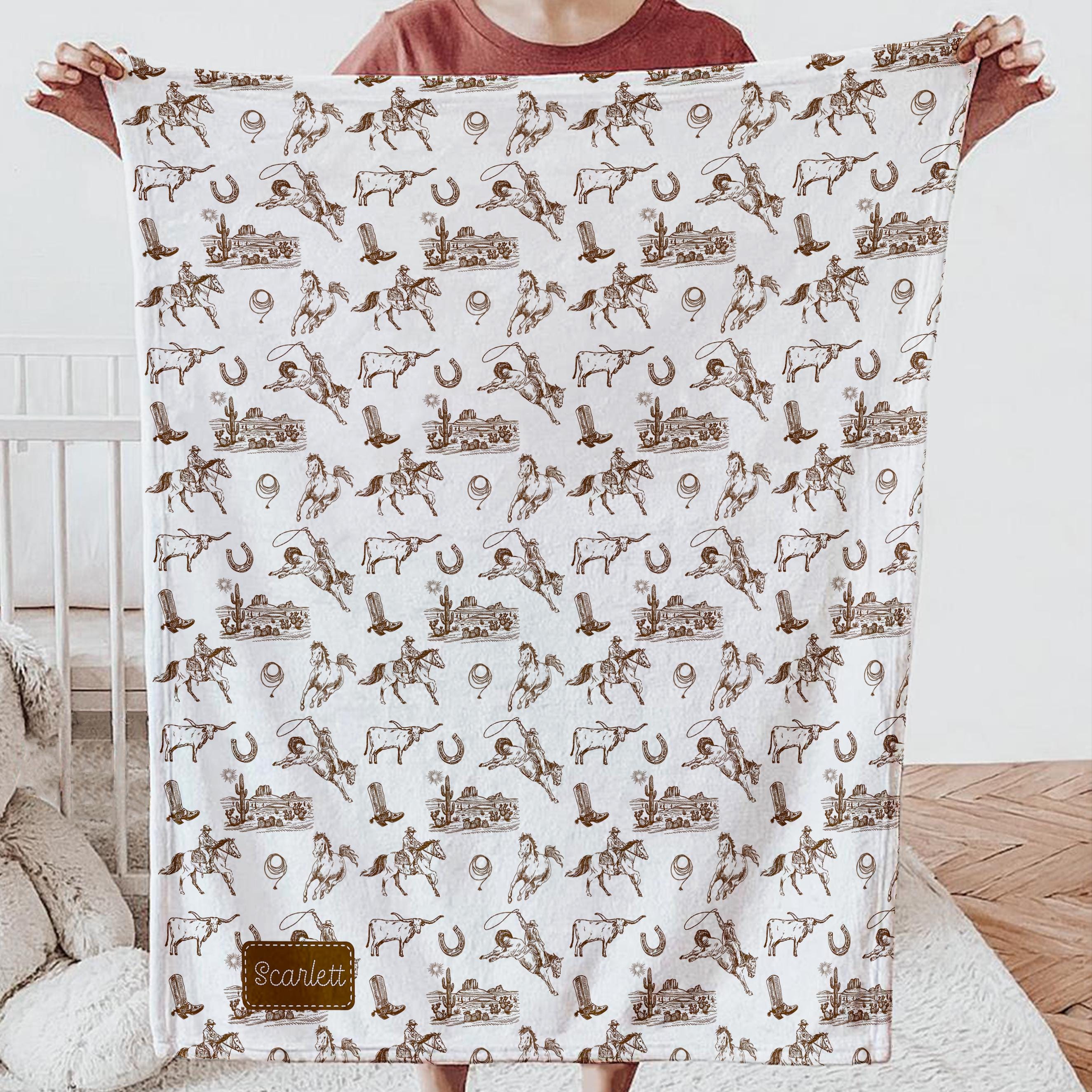 Western Blanket with Name Personalized Ranch Sherpa Throw Vintage Fuzzy Blanket For Children Neutral Gender Cowboy Cowgirl Baby Blanket