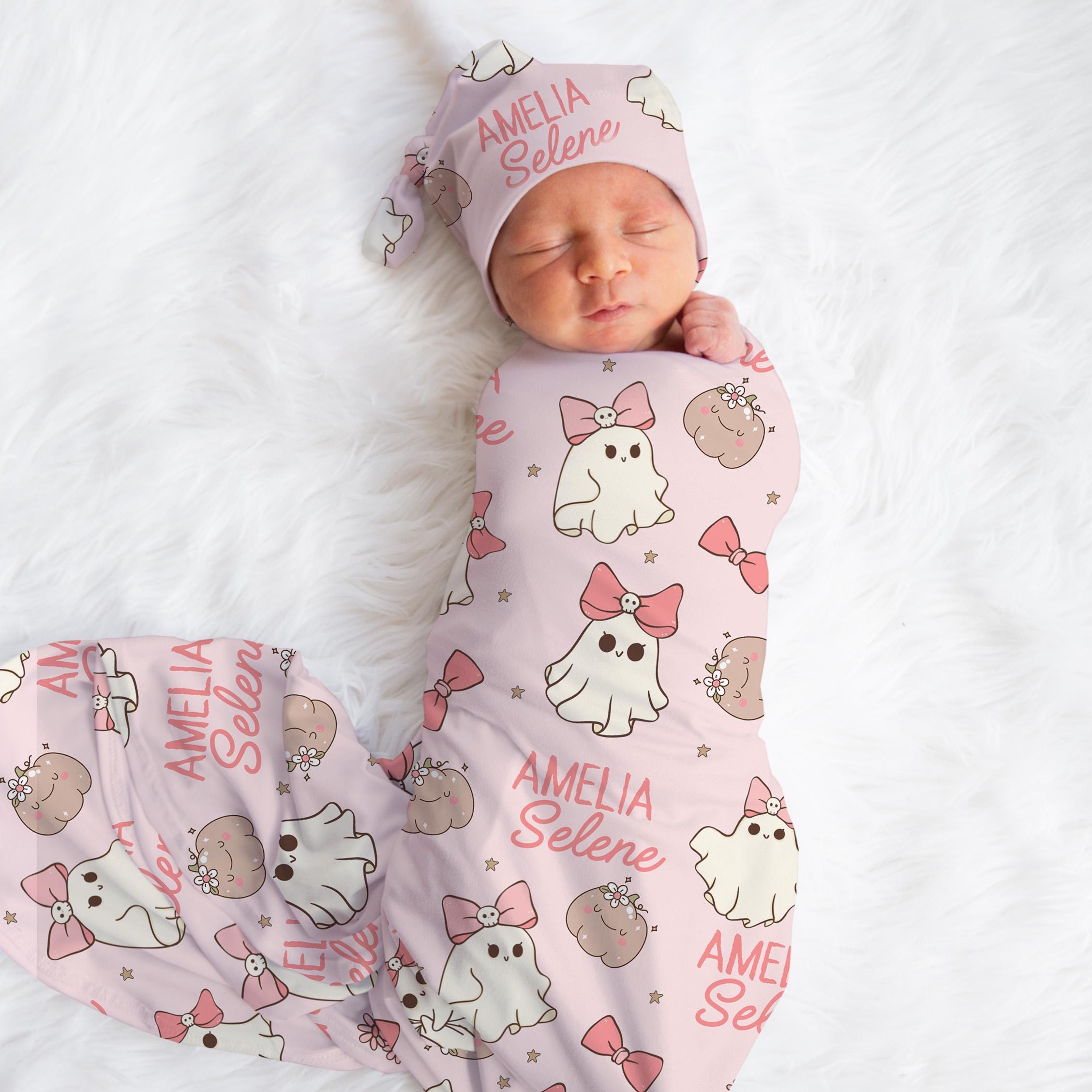 Pink Halloween Swaddle With Name Personalized Soft & Stretchy Swaddle and Hat Spooky Coquette Baby Blanket Halloween Crib Blanket Ghost Girl