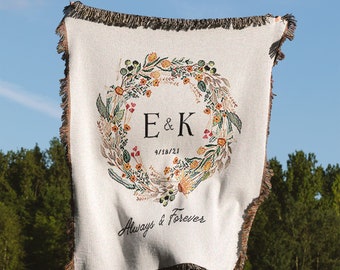 Cotton Anniversary Gift, Personalized His & Hers Initial Blanket, Engagement Gift For Couple, Wild Flowers Wreath Wedding Jacquard Blanket