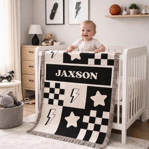 Karierte gewebte Baumwolle Babydecke Personalisierte coole Kinderdecke Blitz Bolt Decke Kinderzimmer Dekor