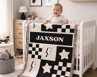 Karierte gewebte Baumwolle Babydecke Personalisierte coole Kinderdecke Blitz Bolt Decke Kinderzimmer Dekor
