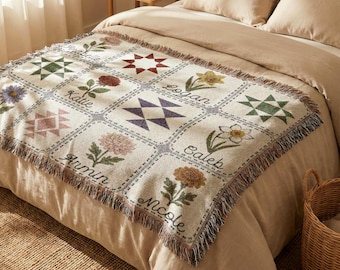 Couverture patchwork fleurs de naissance personnalisées : couverture cadeau de Noël en famille jeté tissé jardin de grand-mère personnalisé