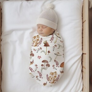 Mushroom Swaddle Set, Soft & Stretchy Swaddle with Hat/Headband, Forest Mushroom Fall Leaves Minky Blanket, Vintage Mushroom Nursery Bedding