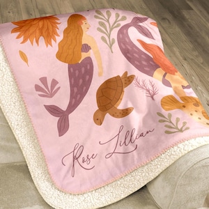 Mermaid Blanket Girl Under the Sea Blanket with Name Personalized Ocean Lover Gift Sherpa Throw For Girls Coastal Nursery Crib Blanket