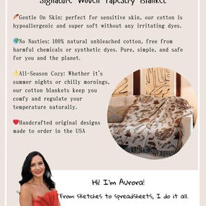 May include: A woven tapestry blanket with a mushroom design is draped over a sofa. The blanket is made of cotton and is handcrafted in the USA. The text on the image says "Signature Woven Tapestry Blanket".