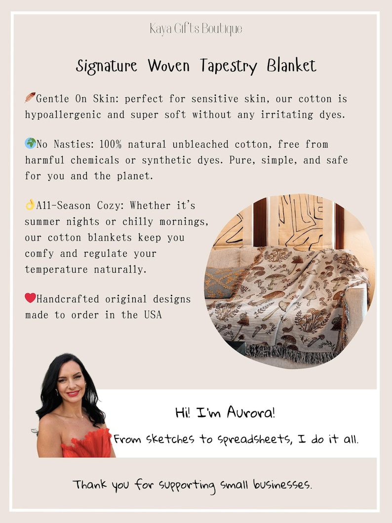 May include: A woven tapestry blanket with a mushroom design is draped over a sofa. The blanket is made of cotton and is handcrafted in the USA. The text on the image says "Signature Woven Tapestry Blanket".