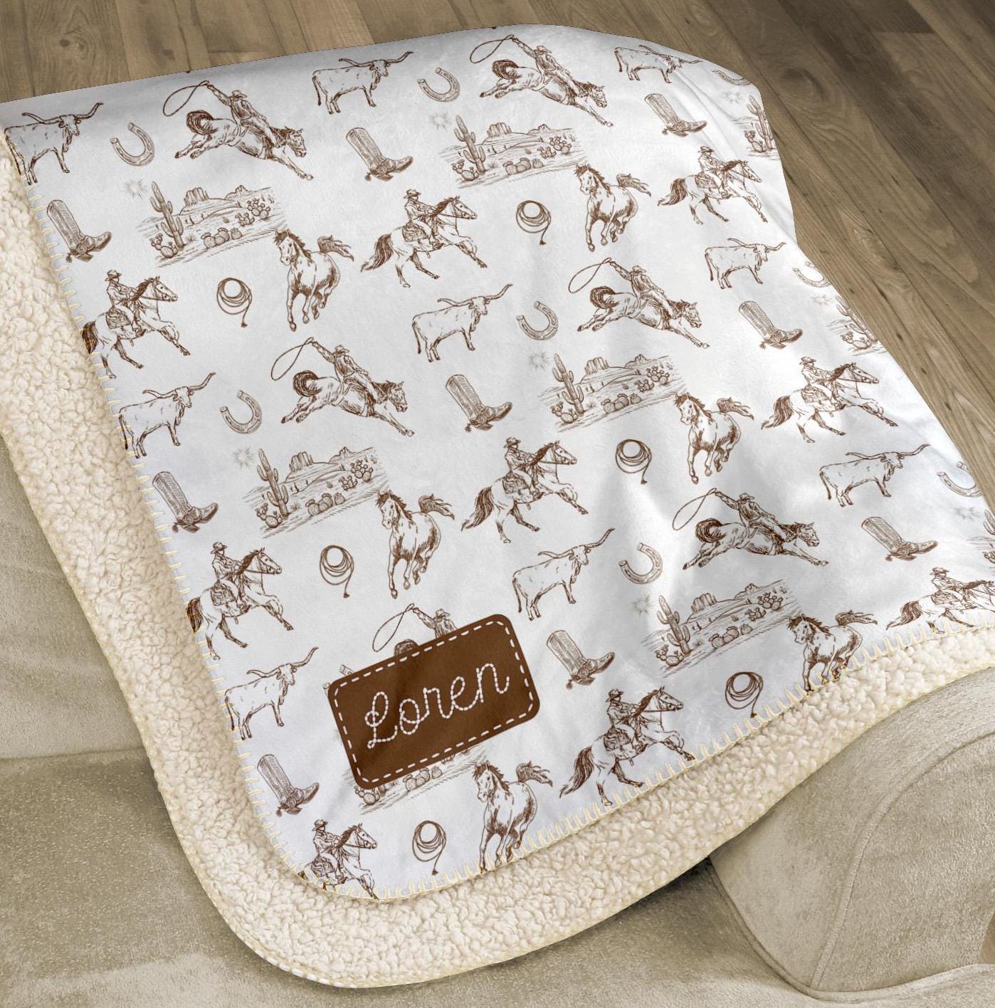 Western Blanket with Name Personalized Ranch Sherpa Throw Vintage Fuzzy Blanket For Children Neutral Gender Cowboy Cowgirl Baby Blanket
