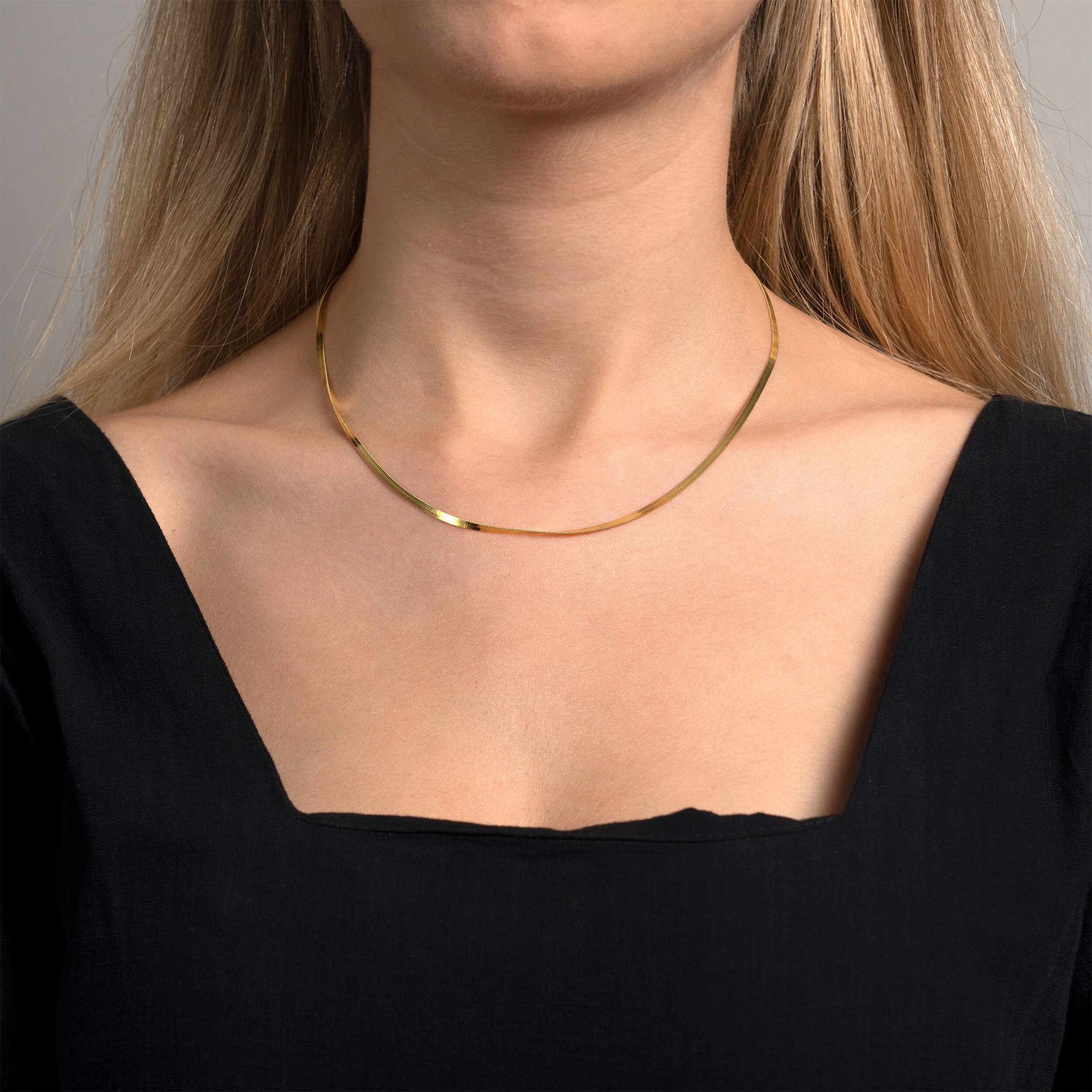 14K Gold Plated Herringbone Choker Necklace - 14.5" Snake Chain With 2" Extender, Minimalist Layered Jewelry Gift 14 thumbnail image