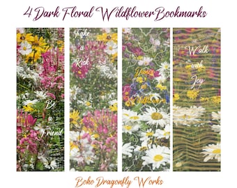 Bookmarks Printable Dark Floral, 4 Bookmarks, Print at Home Digital Bookmarks, Bookmarks Gift for Reader, Instant Download & Print, 2" x 6"