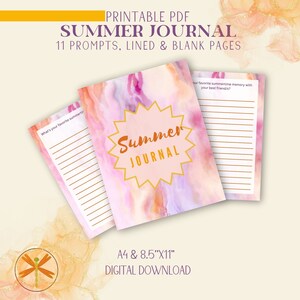Printable Journal Summer journal prompts. Journal with 11 prompts, lined pages. Blank brainstorm sketch journal PDF journal for women